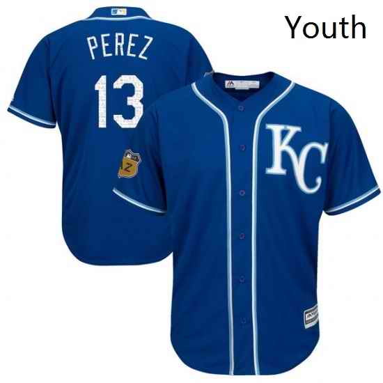 Youth Majestic Kansas City Royals 13 Salvador Perez Authentic Royal Blue 2017 Spring Training Cool Base MLB Jersey